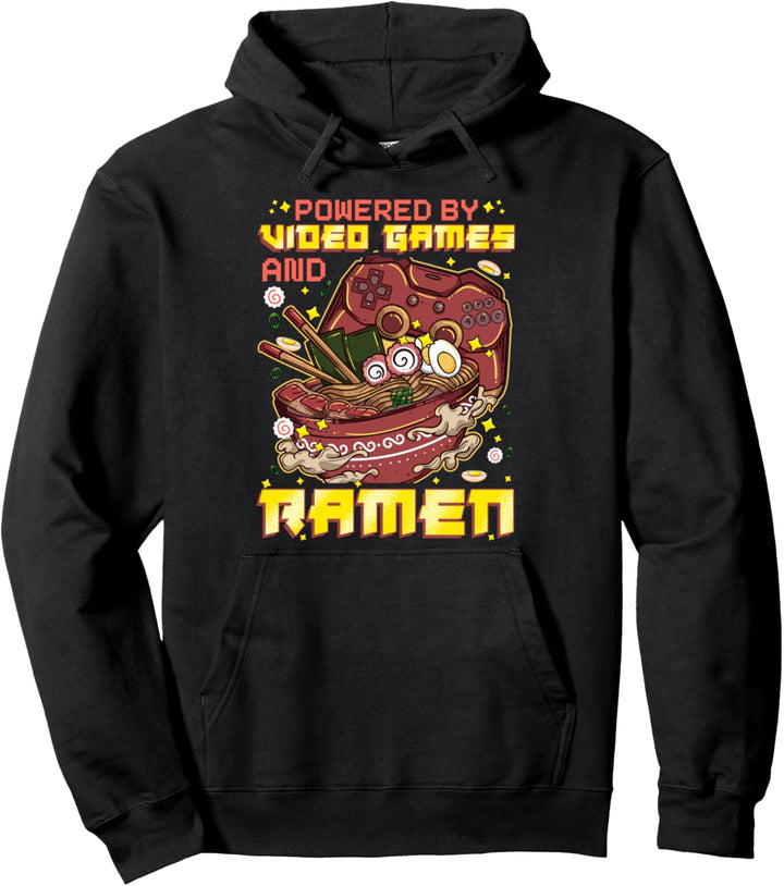 Cute Anime Cat Powered By Video Games And Ramen Pullover Hoodie