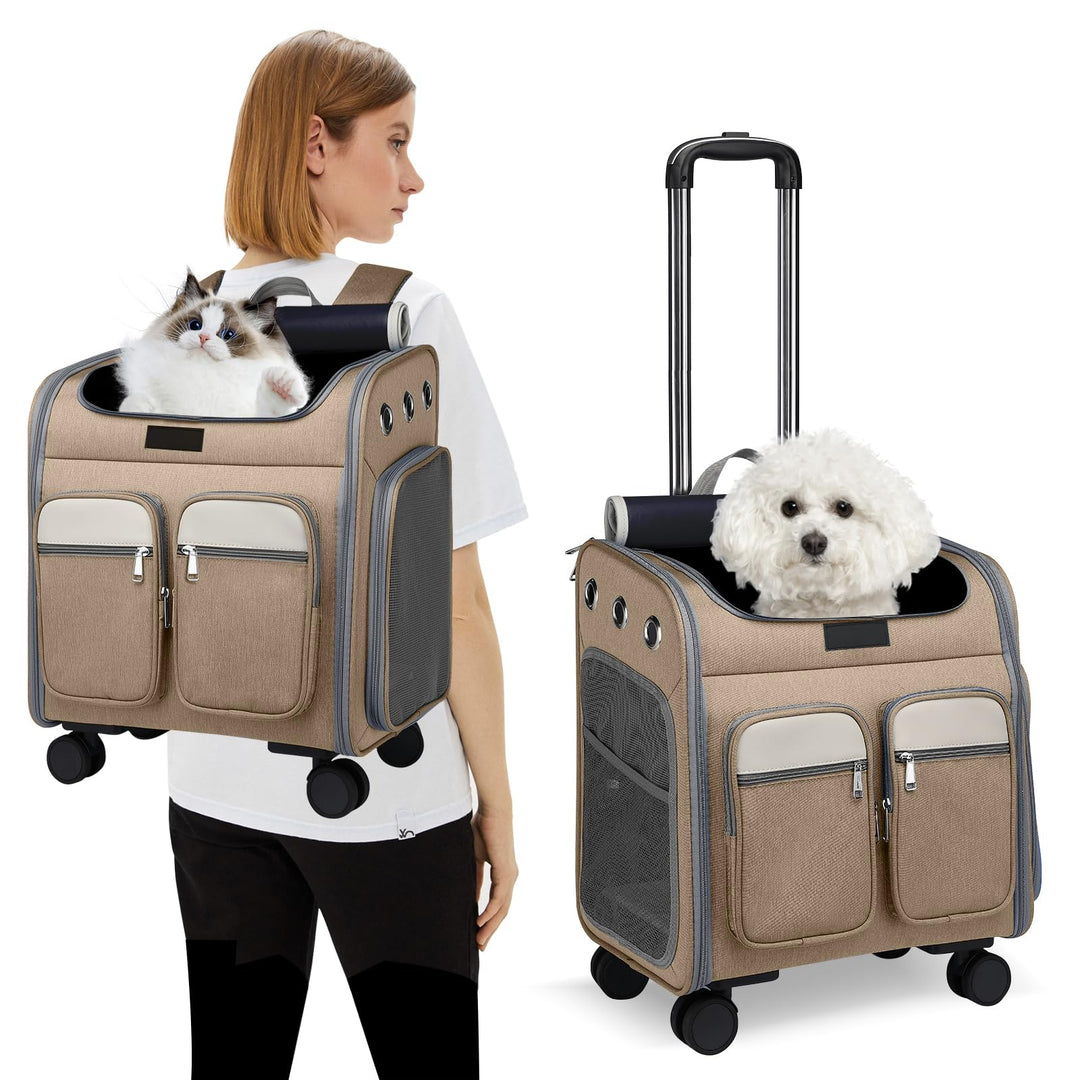 PETCUTE Katzenrucksack Hunderucksack mit Trolley 2 in 1 bis 11 kg,Faltbarer Hundetrolley mit 4 Räder