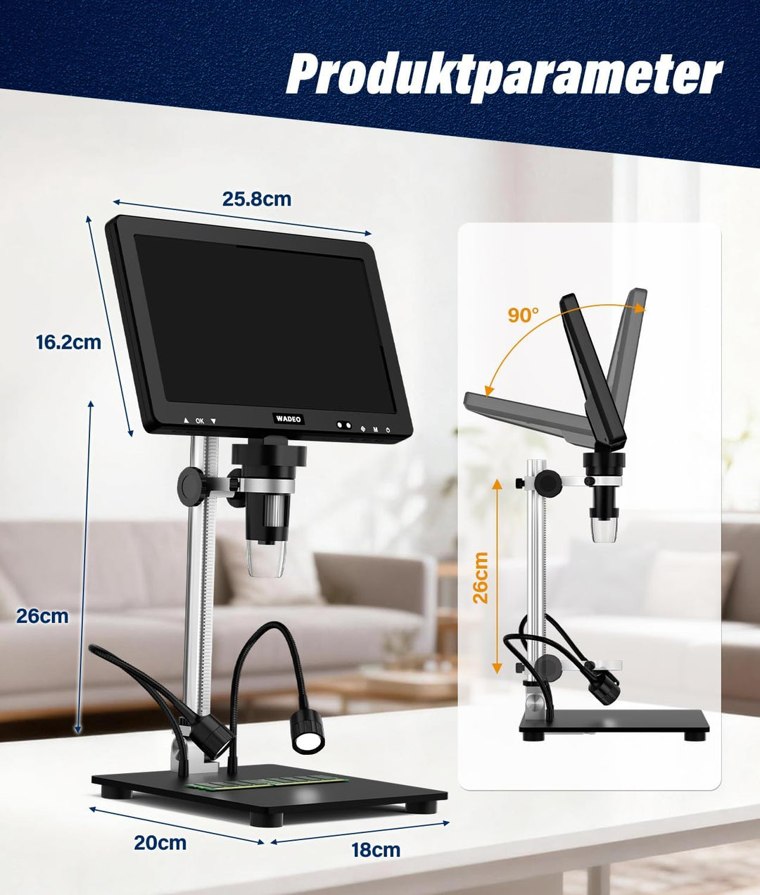 WADEO 10,1-Zoll-LCD-Digitalmikroskop 1500x inkl. 32GB Karte, Tragbares Mikroskop USB-Digitalmikrosko