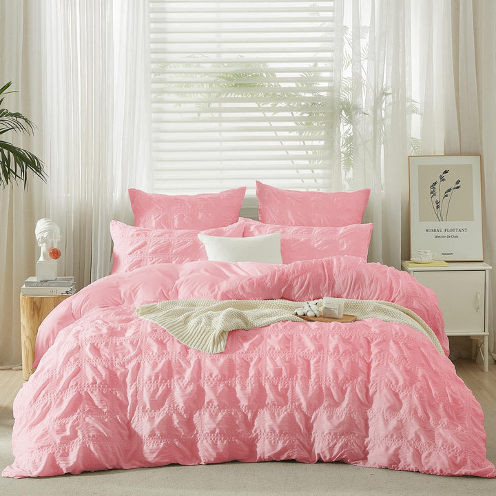 Seersucker Bettwäsche 135x200 Rosa Kariert Bettbezug Set Weich Atmungsaktiv Mikrofaser Bettwäsche Mo