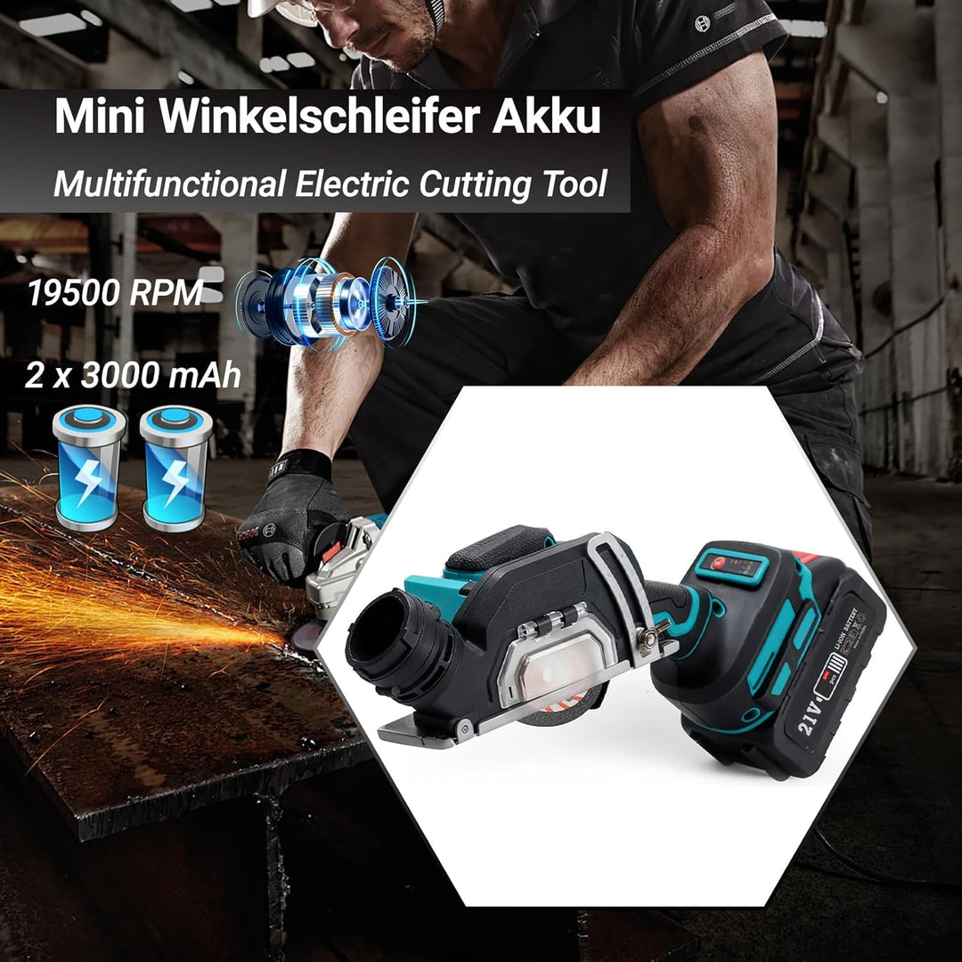 Mini Akku Winkelschleifer, Bürstenloser Winkelschleifer Klein mit 2 x 3000-mAh-Akkus, 7 Trennscheibe