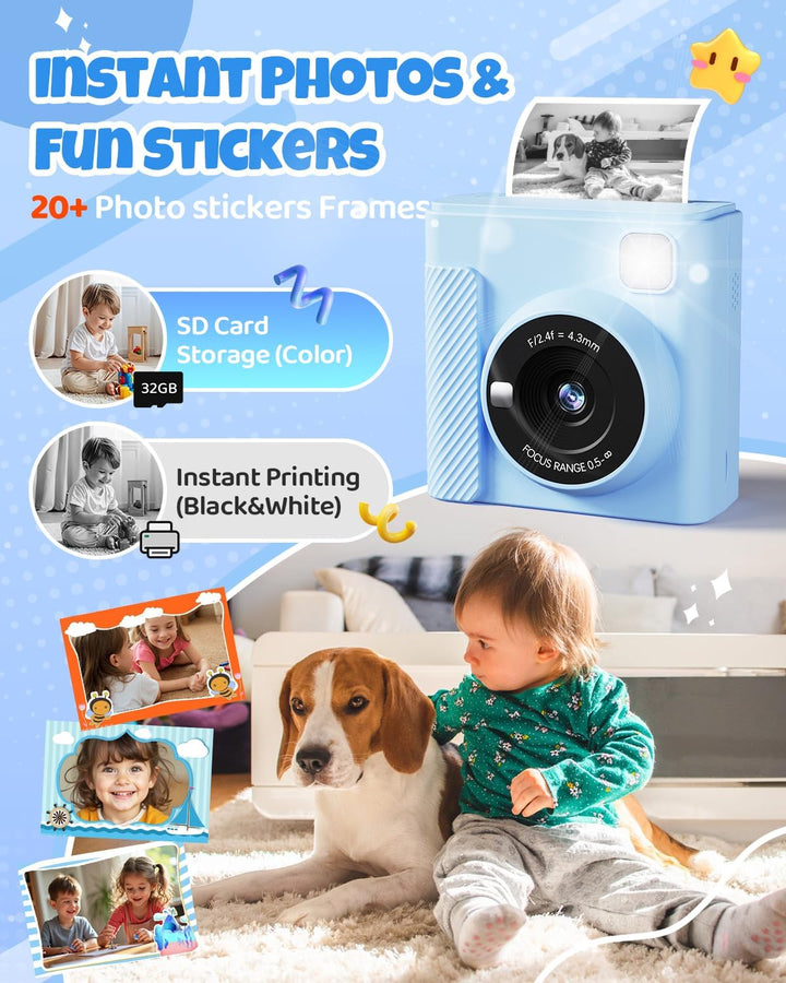 Kinderkamera Sofortbildkamera, 2,4 Zoll Sofortbildkamera Kinder mit 32G Karte und Fotopapier Drucken