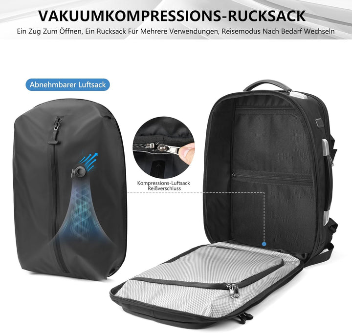 Vakuum Rucksack Handgepäck, 60L Erweiterbarer Reiserucksack mit Kompression & Luftpumpe, Airbag Ruck