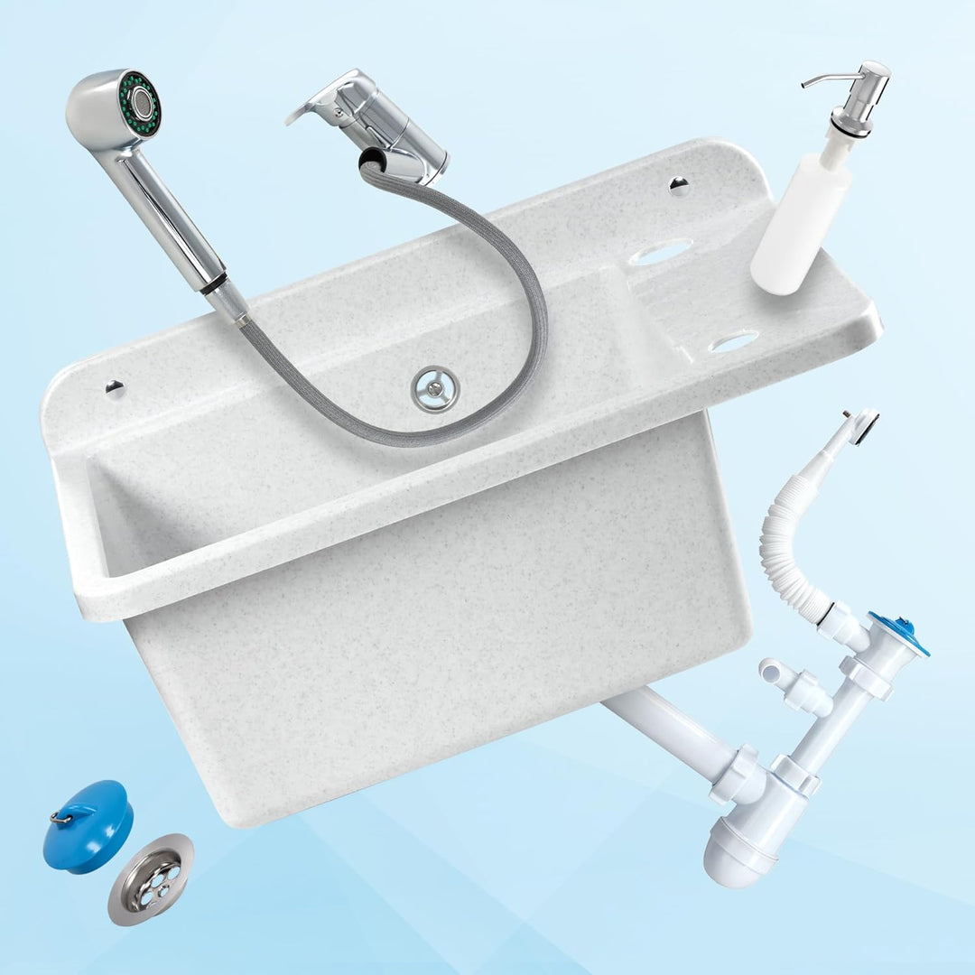 GOSPO Ausgussbecken aus Polypropylen, 50,5 x 34 x 26,5 cm, Spülbecken mit Armatur, Siphon, Seifenspe