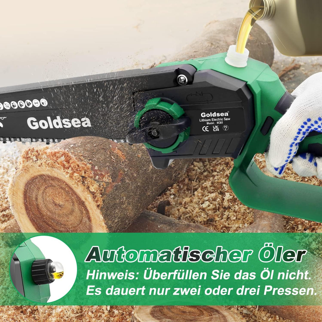 Goldsea Akku Kettensäge, 8 Zoll Mini Kettensäge mit Akku Öltank Max 21V 4.0Ah, Bürstenloser Motor, W