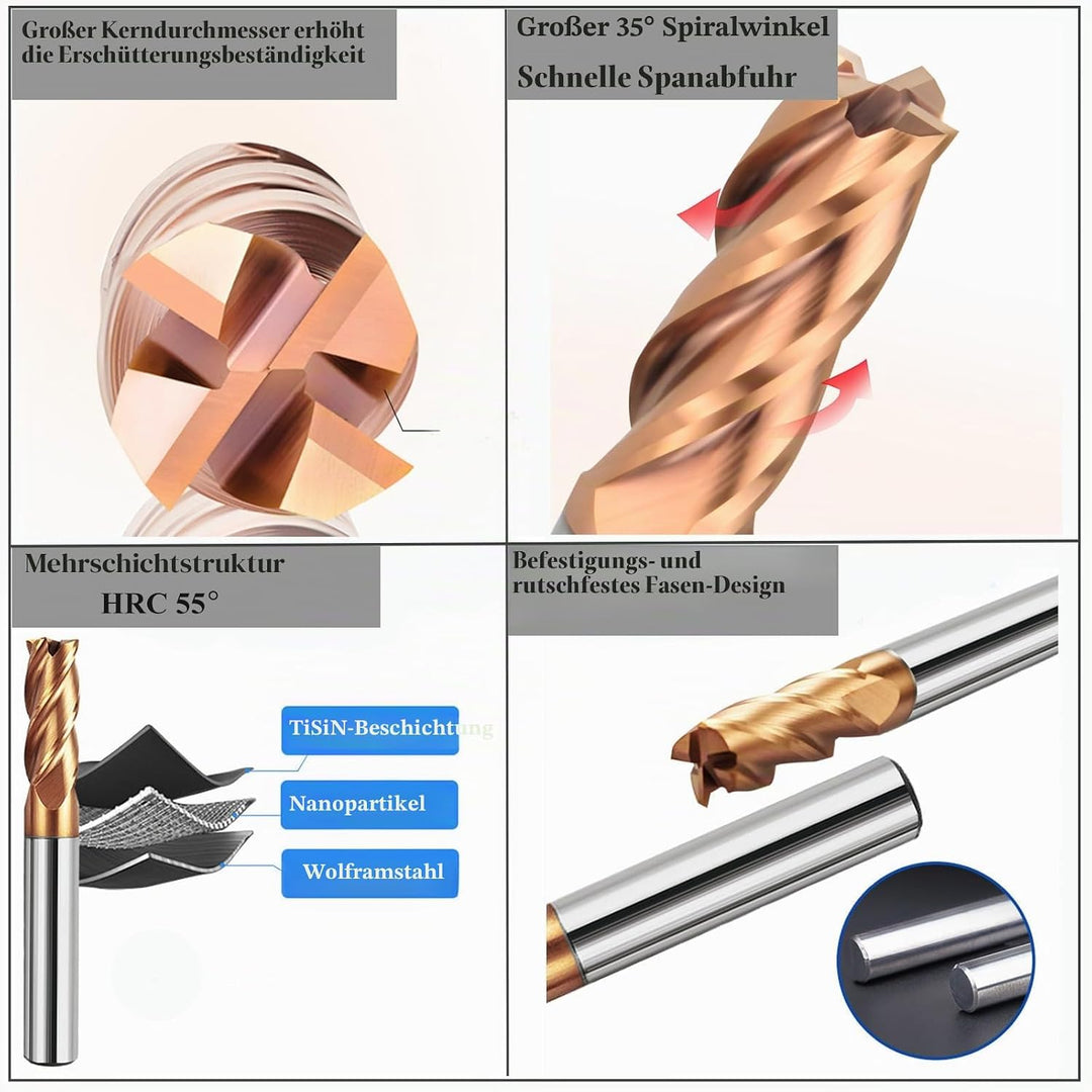5 Stücke Fräser Schaftfräser Hartmetall 4-Flöte, 6-12mm CED TiSiN Coat Spiralfräser Bit VHM CNC Bohr
