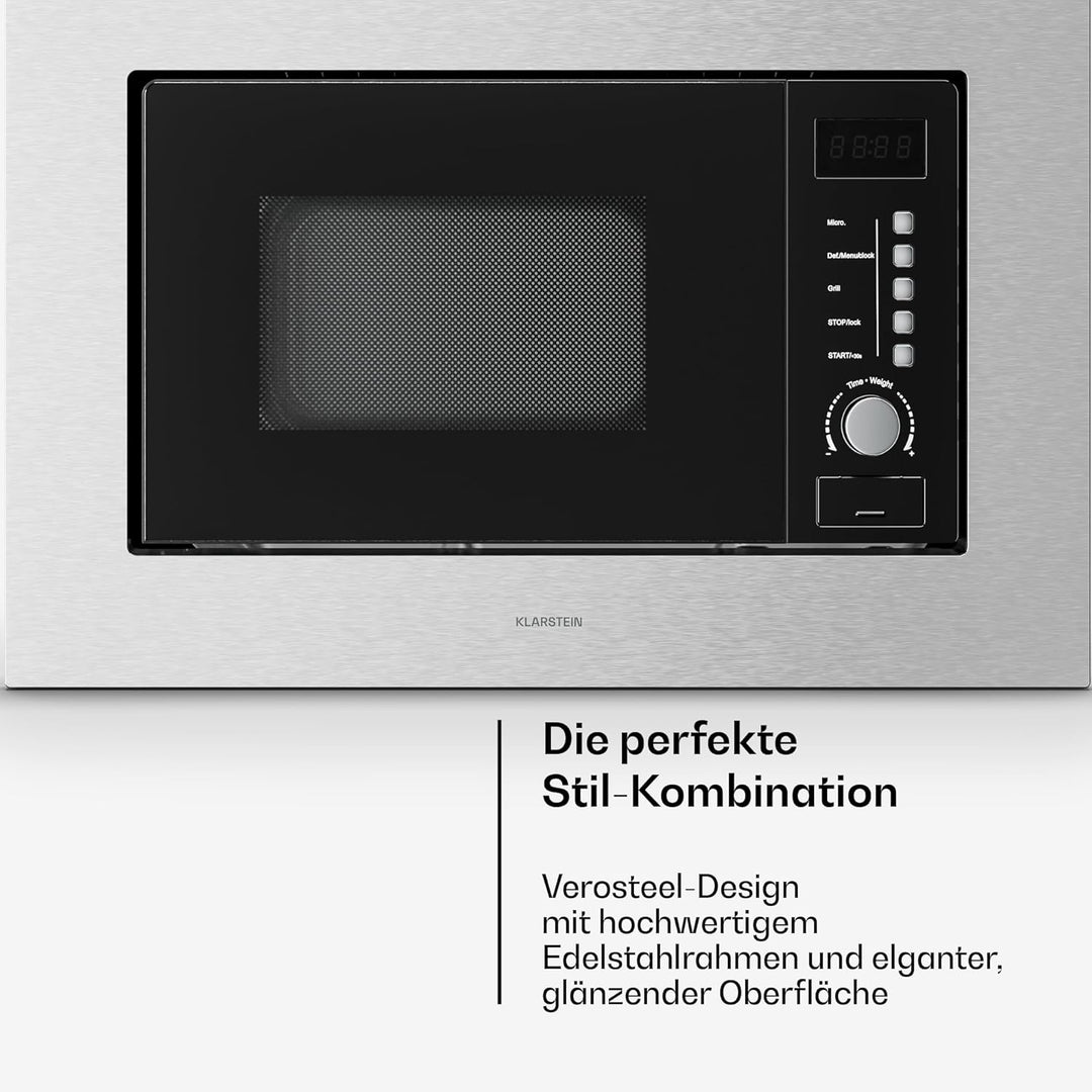 Klarstein Verosteel Einbaumikrowelle 60 cm mit Grill – 20L, 700W Mikrowelle & 800W Grill, 8 Programm