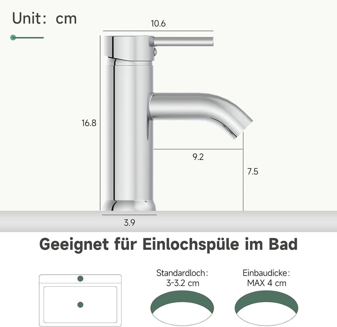 Waschtischarmatur Chrom, Wasserhahn Bad Einlochmontage, Messing Einhebelmischer Waschbecken Warm- un