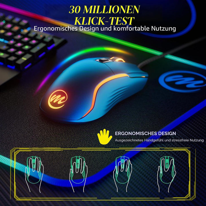 memzuoix Gaming Maus mit Kabel und LED-Lichtern – 12.800 DPI einstellbar, 6 Tasten, 12 RGB-Modi, Erg