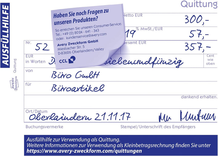 AVERY Zweckform 1735-5 Quittungsblock (A6 quer, 2x40 Blatt, mit Durchschlag, fälschungssicher, separ