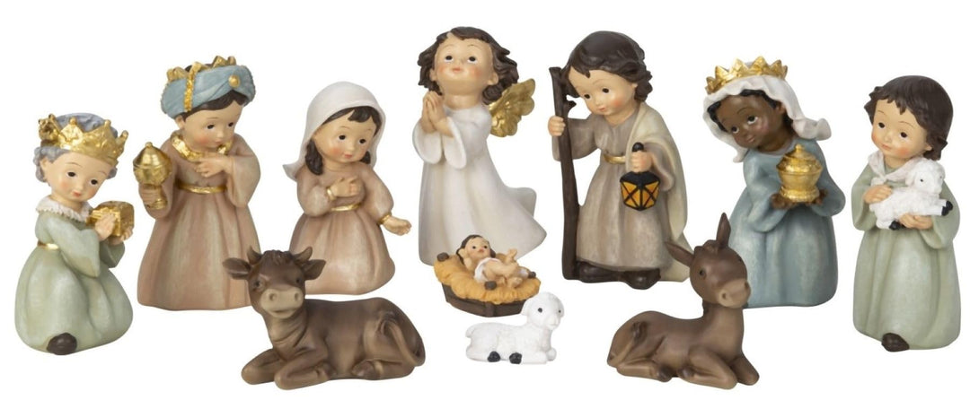 Geschenkestadl Modernes Krippenfiguren Set Kindergesicht 11 teilig 3,5-12,5cm Weihnachtsdekoration W