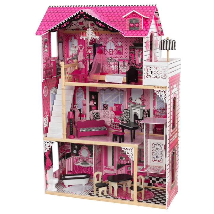 KidKraft Amelia Puppenhaus aus Holz mit Möbeln und Zubehör, Spielset mit Balkon und Aufzug für 30 cm