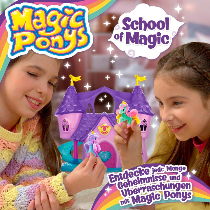 Magic PONYS School of Magic Spielset – grosses Spielschloss für Mädchen mit 2 exklusiven Ponys & Glo