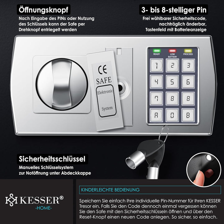 KESSER® Elektr. Tresor | 31x20x20cm | LED-Anzeige | Elektronischer Safe | Doppelbolzenverriegelung |