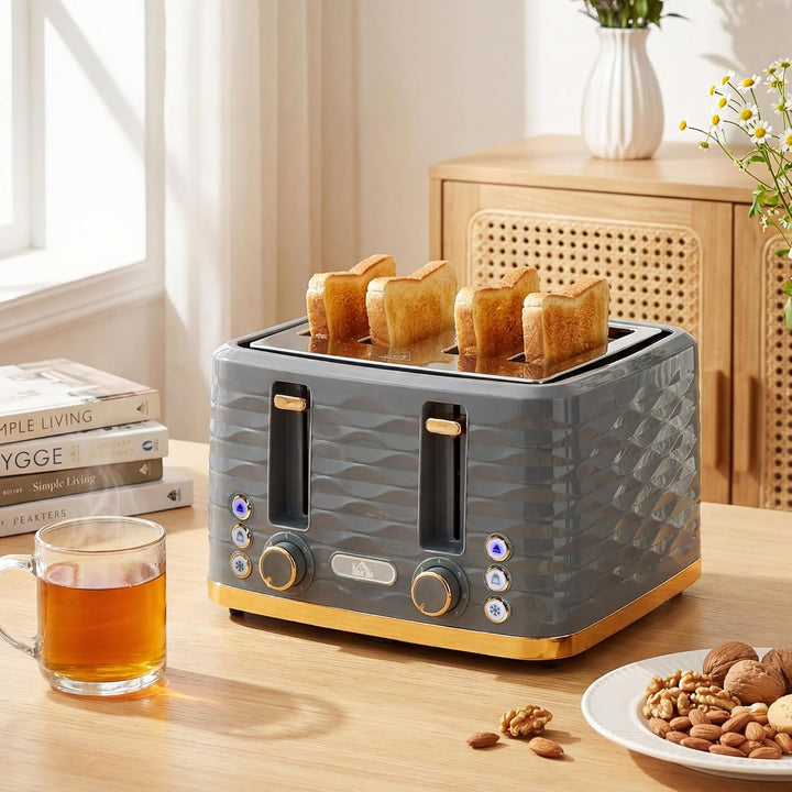 HOMCOM 4-Scheiben-Toaster mit 7 Bräunungsstufen, High-Lift, Aufwärm-/Auftau-/Abbruchs-Funktion, Selb