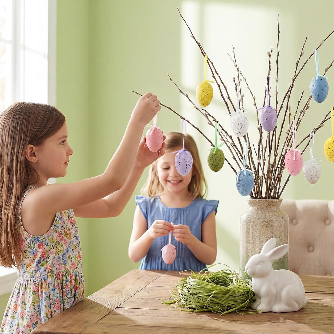 Ostern Deko 24Stück Ostereier zum Aufhängen - Brechfeste Aufhängung Ostereier Deco mit Grünem Raffie