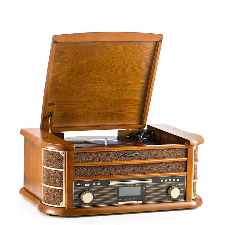SHUMAN 8 IN 1 Holzmusik System mit Plattenspieler,CD-MP3-Player,Kabellos,USB-Anschluss,DAB, FM-Radio