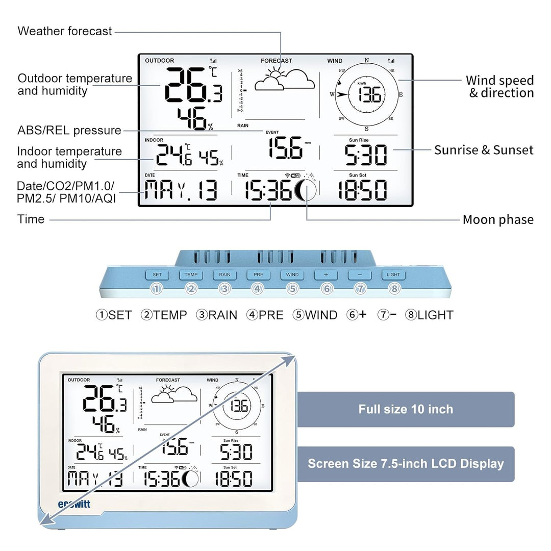 ECOWITT Funk-Wetterstation WS3802 mit 7,5 Zoll LCD-Display, Garten-Wetter-Sensor WS85 (Solarpanel/Re