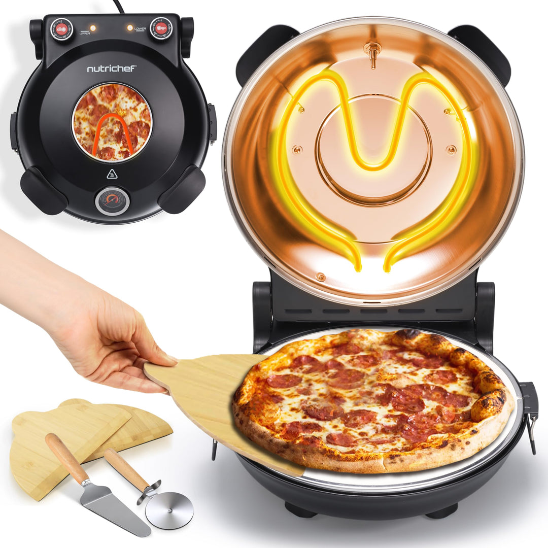 NutriChef Pizzaofen Elektrisch mit 30cm Stein, Pizza Maker bis 426°C, 1200W mit Sichtfenster, Ober-/