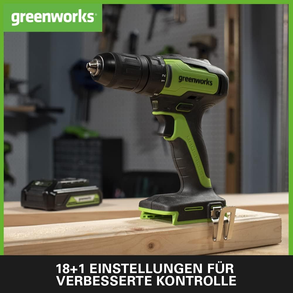 Greenworks GD24DD35 Akku Bohrschrauber mit bürstenlosem Motor, 0-1450 U/min, 2 Stufen, 35 Nm Drehmom