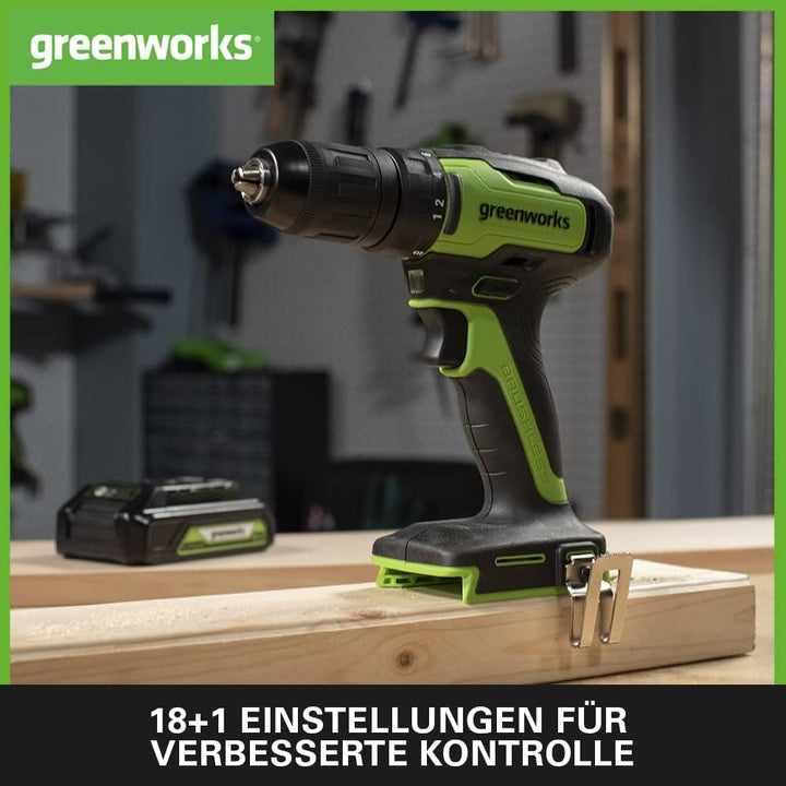 Greenworks GD24DD35 Akku Bohrschrauber mit bürstenlosem Motor, 0-1450 U/min, 2 Stufen, 35 Nm Drehmom
