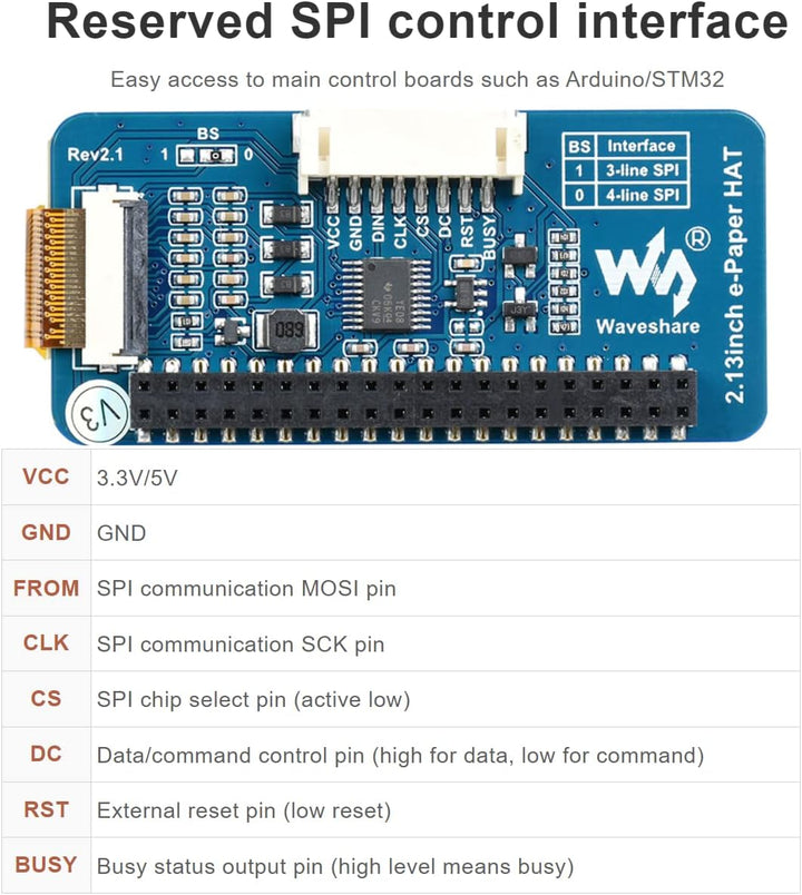 waveshare 2.13inch E-Paper Display HAT V4 Version 250x122 Resolution 3.3V/5V Two-Color e-Ink Display