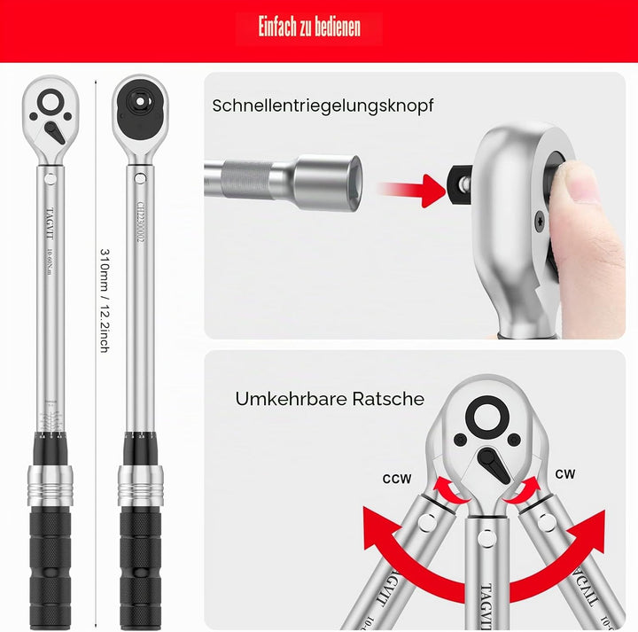 TAGVIT Drehmomentschlüssel 3/8", ± 3% Fehlergenauigkeit, 10-60 NM Drehmomentschlüssel mit Einer Trag