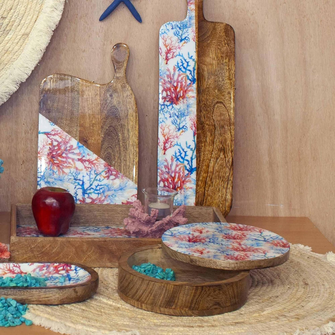 Signes Grimalt Aufbewahrungsbox, rund, Mangoholz und Thema Koralle, Blau und Rot, Durchmesser 20,5 c