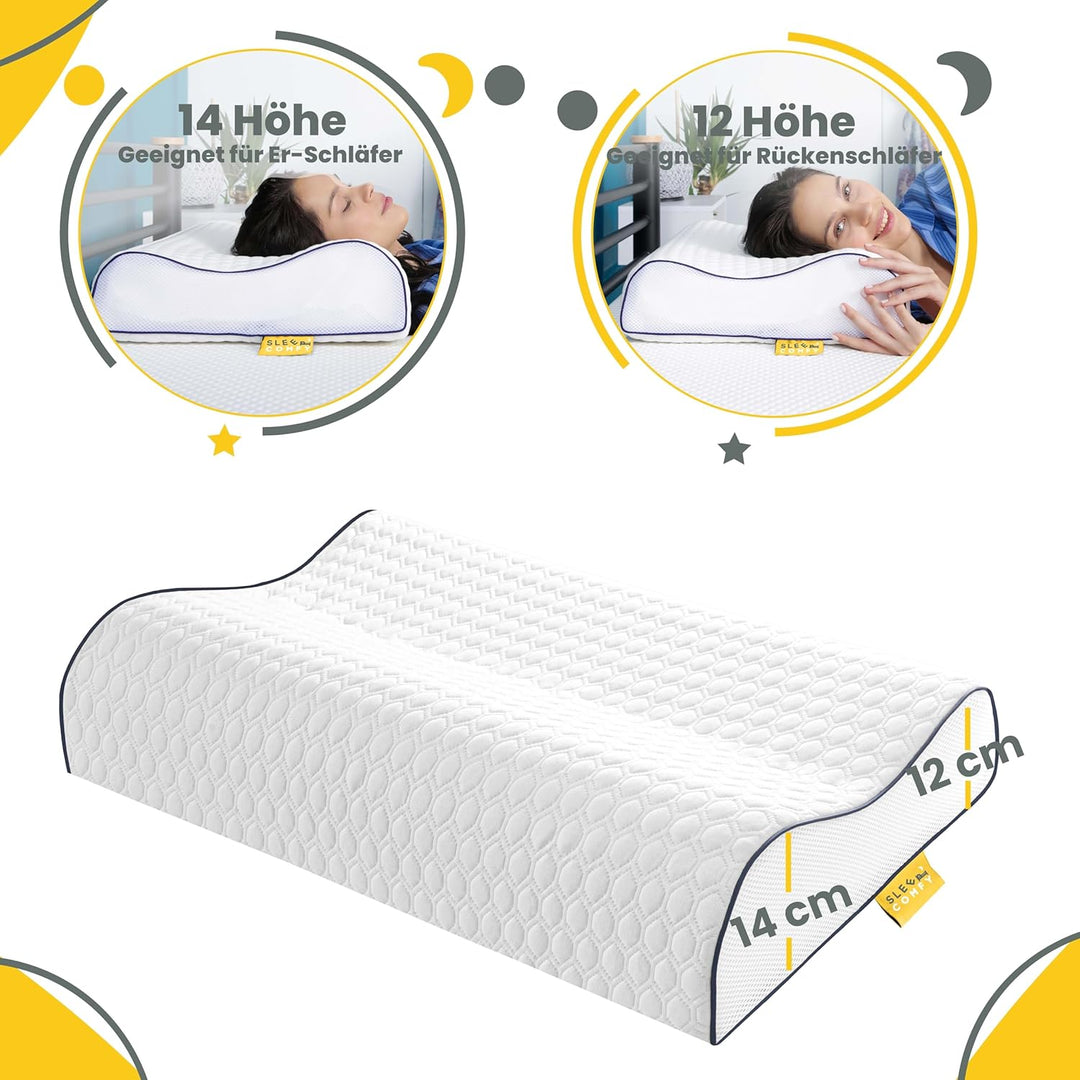 SLEEP COMFY - Premium Visco HWS Nackenkissen, 60x40x14/12cm, Kopfkissen mit Bezug, Nackenstützkissen