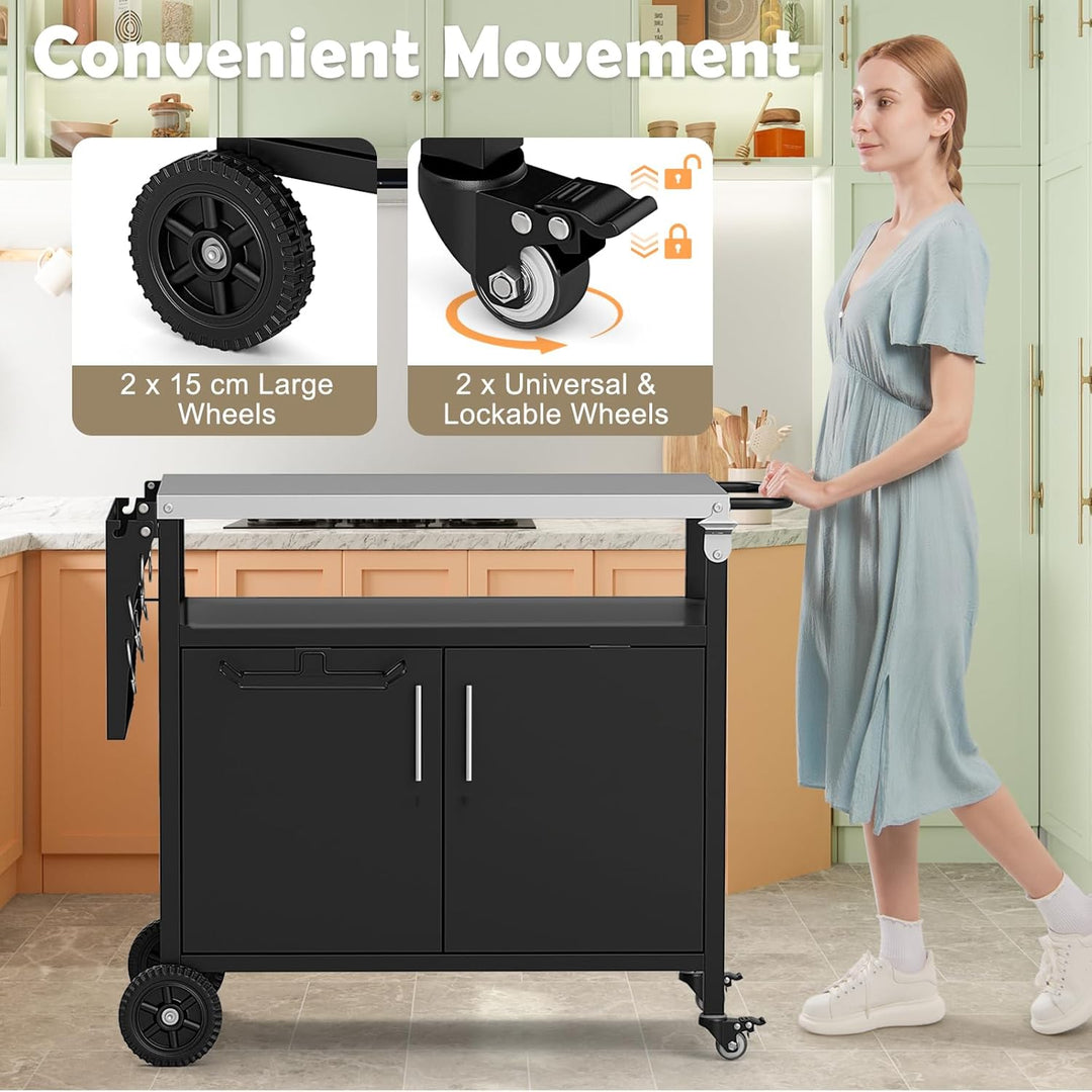 KOMFOTTEU Grillwagen mit Arbeitsplatte aus Edelstahl, Servierwagen mit klappbarer Tischplatte, Grill