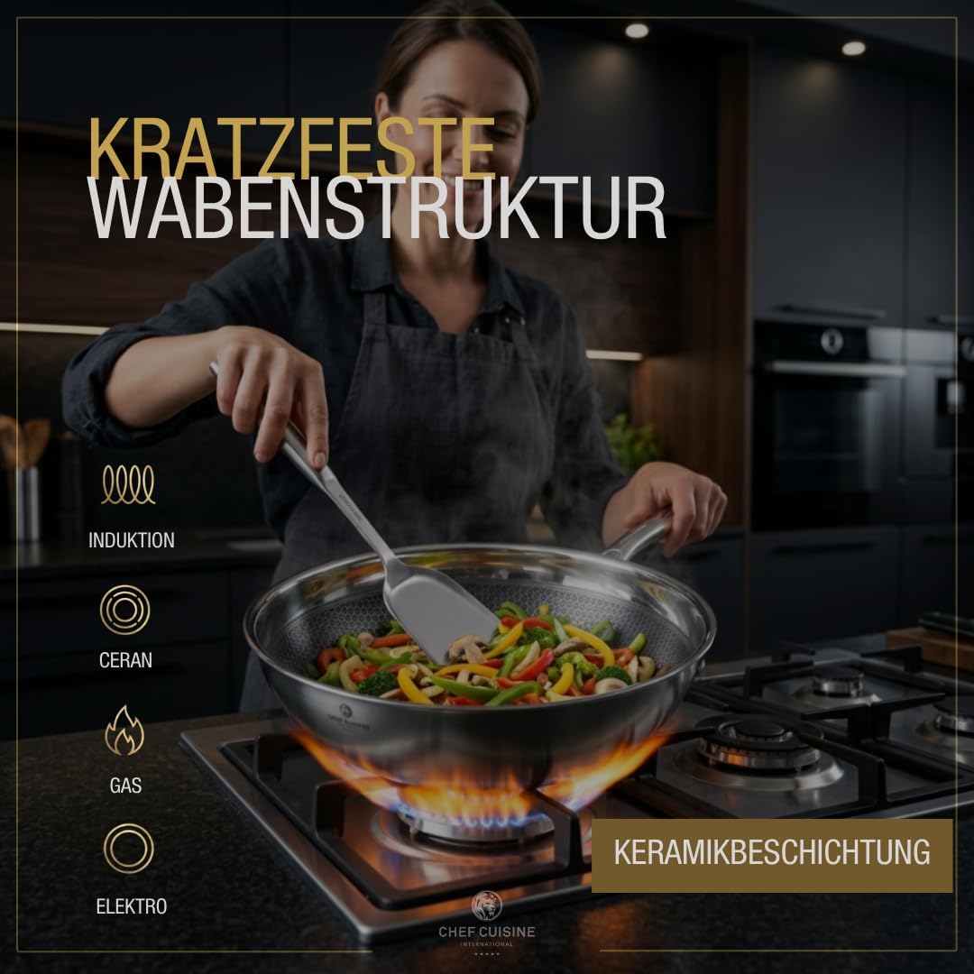 Chef Cuisine Wokpfanne 28 cm – Edelstahl Wok mit Honeycomb-Keramikbeschichtung Fusion Pro II, PFAS-f