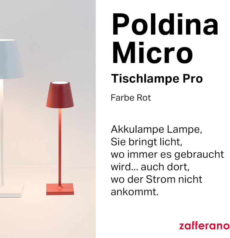 Zafferano Poldina Pro Micro Kabellose LED-Tischlampe Aufladbar - Dimmbare Touch Akku Lampe für Innen