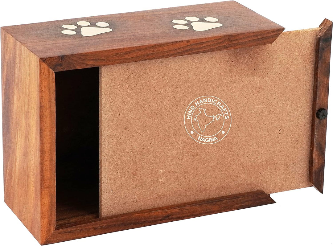 Hind Handicrafts Urne für Hunde und Katzen, mit eingelegtem Rosenholz, mit Messingpfoten, Erinnerung