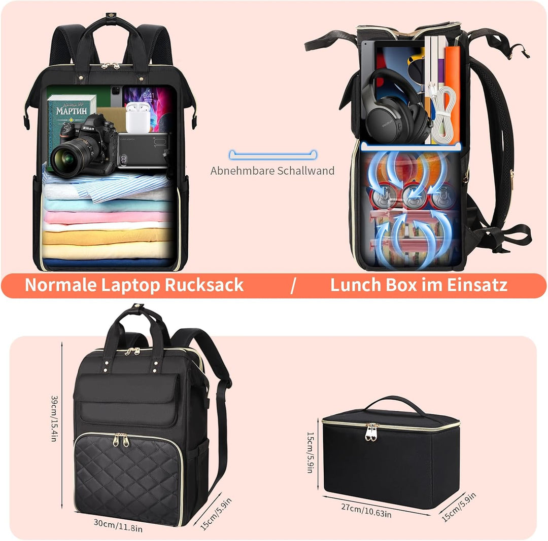BERTASCHE Lunch Rucksack, Laptop Rucksack Damen 15,6 Zoll mit Isoliertes Kühltasche, 2-in-1-Arbeitsr
