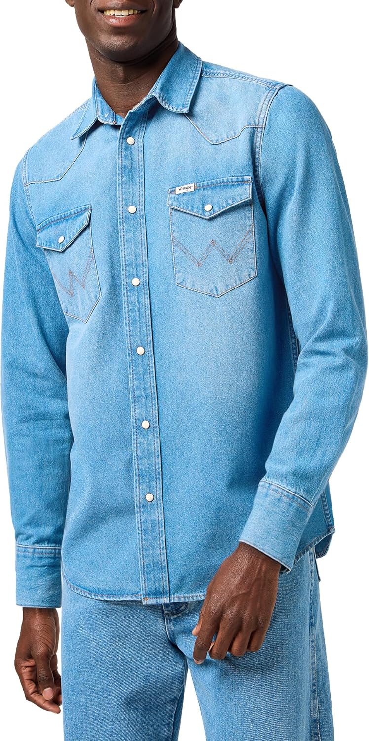 Wrangler Herren Western-Arbeitshemd, langärmelig, mit Druckknöpfen, verwaschenes Finish Hemd XXS Mid