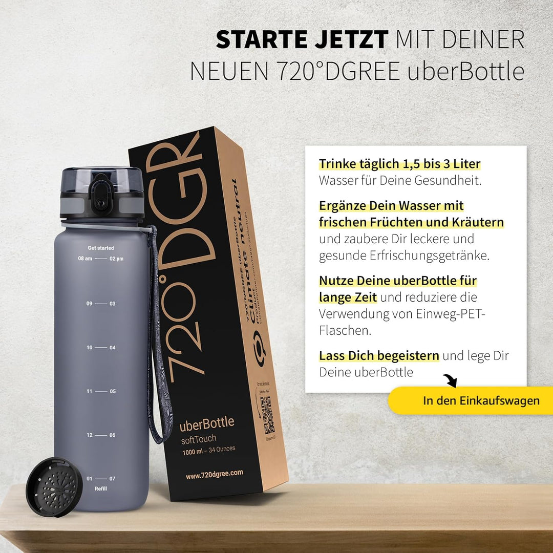 720°DGREE Trinkflasche 1l mit Motivationsskala “uberBottle“ +Sieb - BPA-Frei - Wasserflasche für Uni