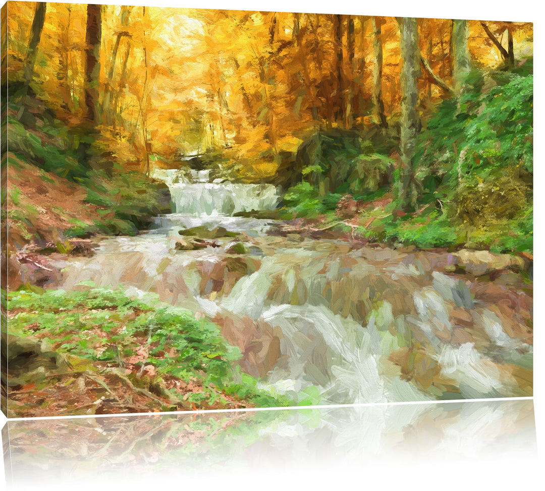 Pixxprint Waldbach im Herbst als Leinwandbild/Grösse: 100x70 cm/Wandbild/Kunstdruck/fertig bespannt,