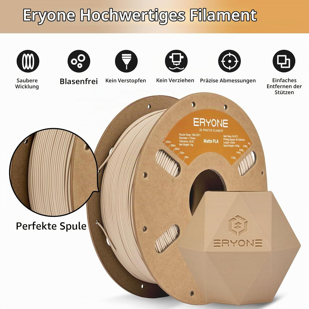 ERYONE Matte PLA 3D Drucker Filament 1.75mm, Massgenauigkeit +/- 0.03 mm, 1 kg 1 Spule, Matte Beige,