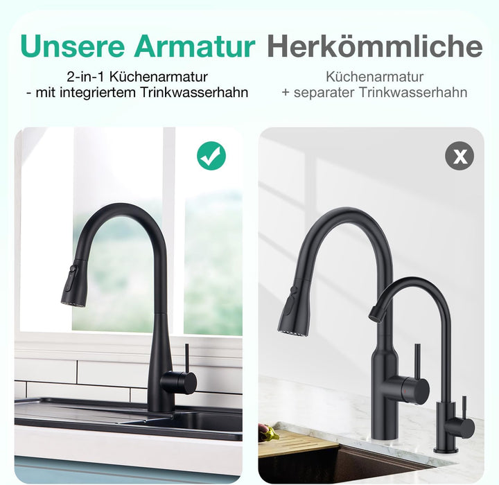 CREA 3 Wege Küchenarmatur mit Brause ausziehbar, Trinkwasserhahn Wasserhahn Armatur Küche, Mischbatt