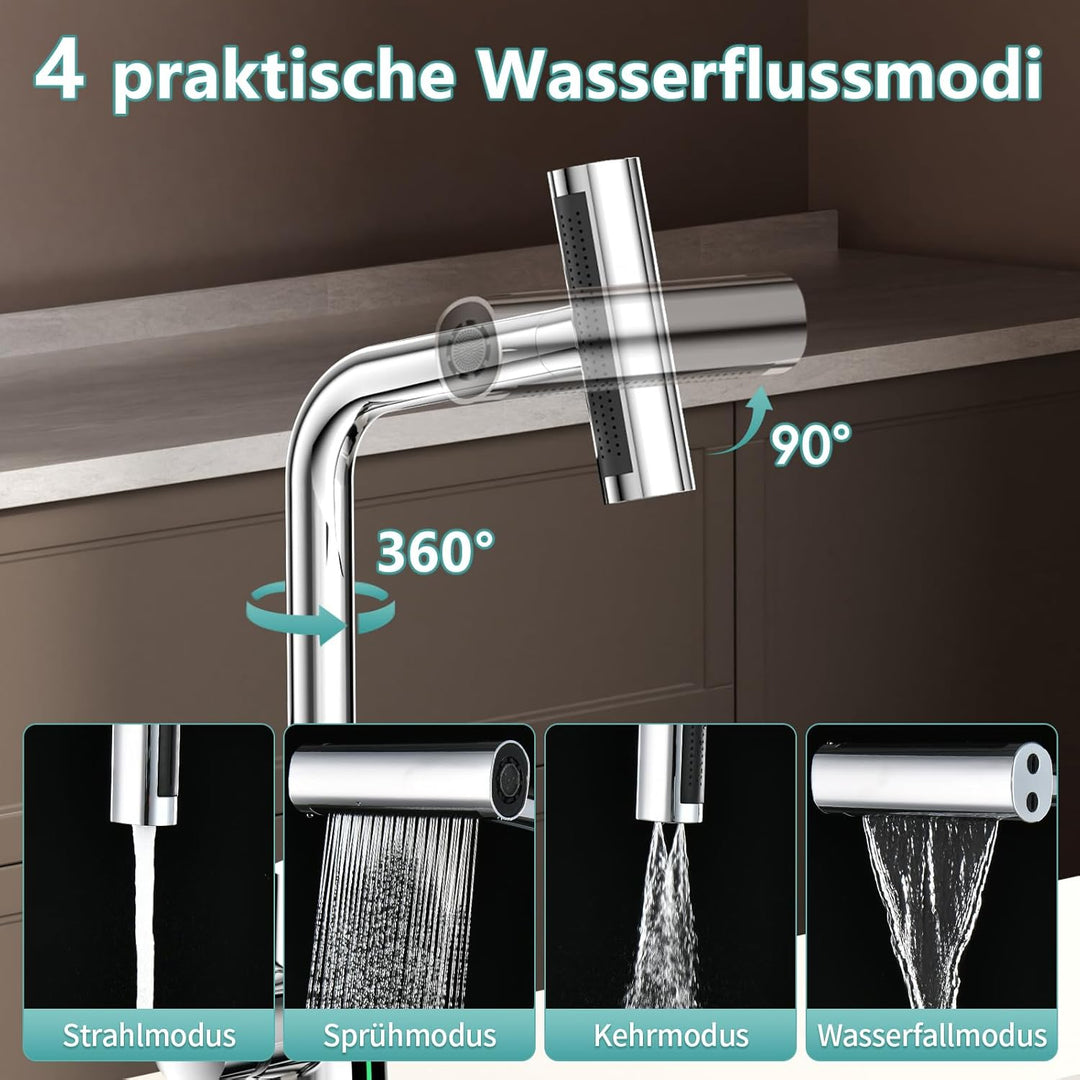 MIAOHUI Küchenarmatur Ausziehbar mit Temperaturanzeige, Einhebel Mischbatterie Küche, 4 Modi Wasserh