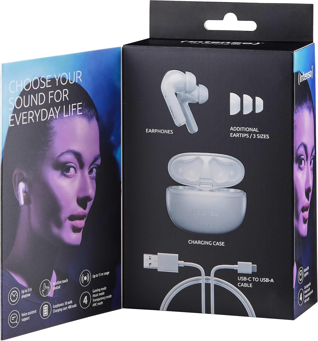 Intenso White Buds - TWS True Wireless Kopfhörer T302A mit Active Noise Cancelling und bis zu 35 Std