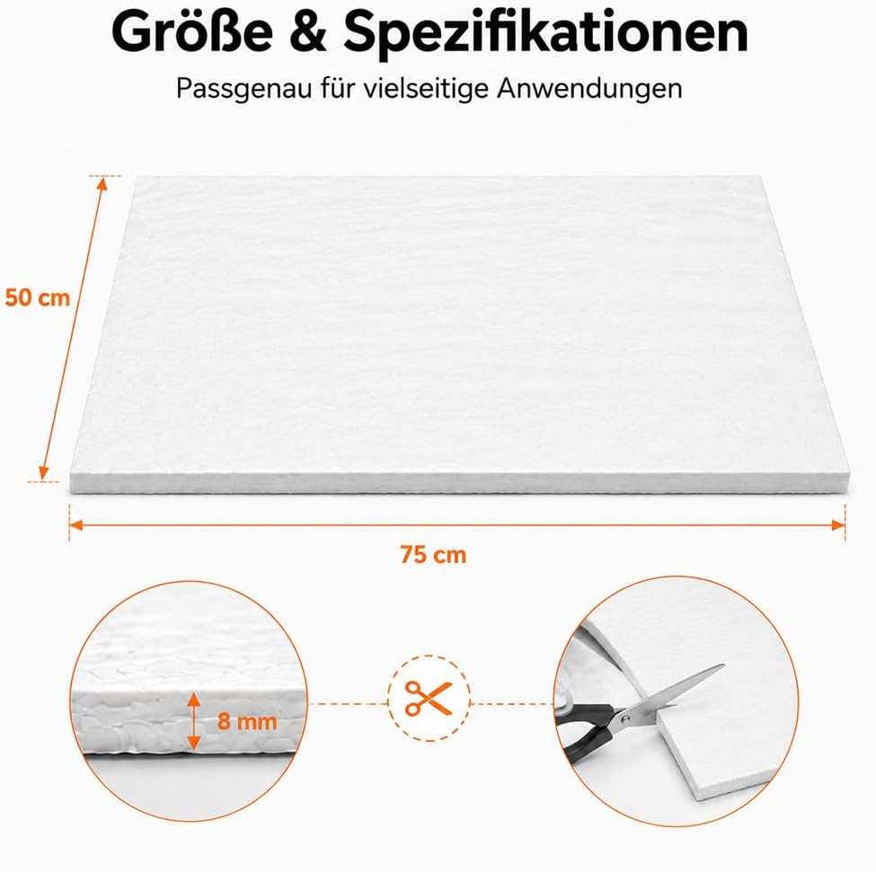 Auspuff Dämmwolle 75x50 cm, 8 mm Stärke, Glasfaser Dämmmatte