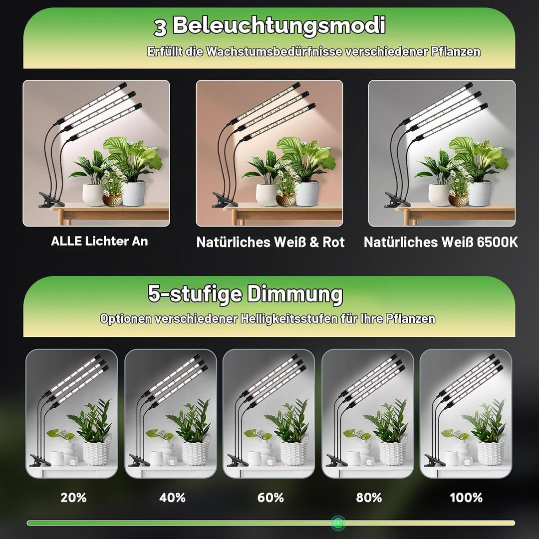 1Pack 3Köpfe Pflanzenlampe LED, Pflanzenlicht Vollspektrum, Pflanzenleuchte mit Zeitschaltuhr, 3 Far