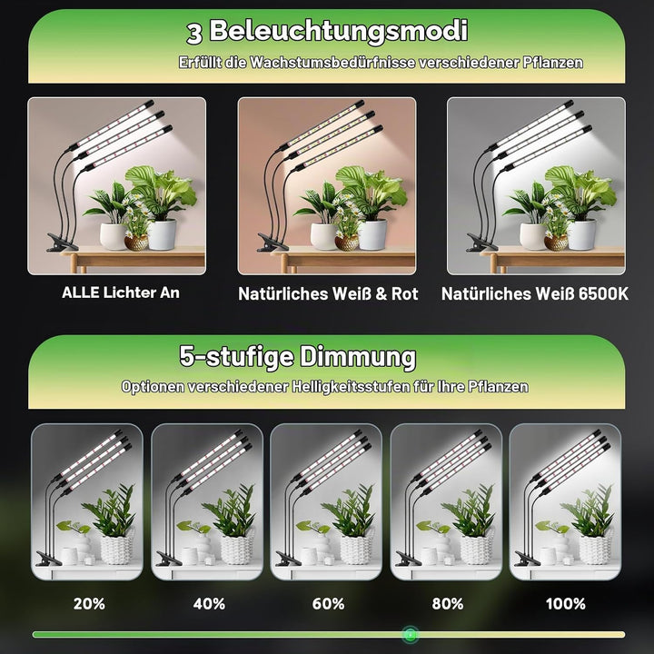1Pack 3Köpfe Pflanzenlampe LED, Pflanzenlicht Vollspektrum, Pflanzenleuchte mit Zeitschaltuhr, 3 Far