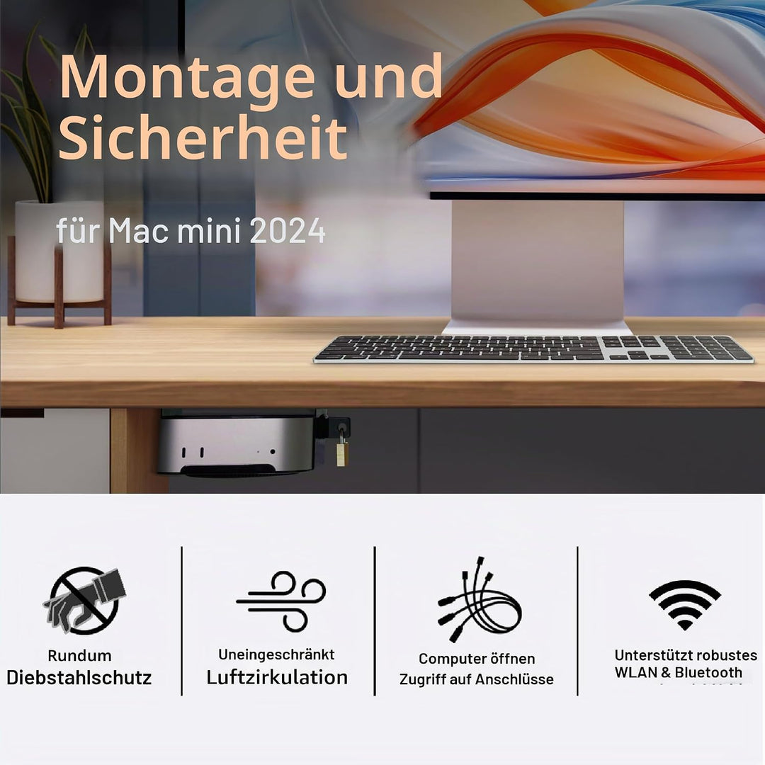 SoNNeT MacCuff mini (2024+): Stahlhalterung zur Montage eines Mac mini (2024) unter einem Tisch, an