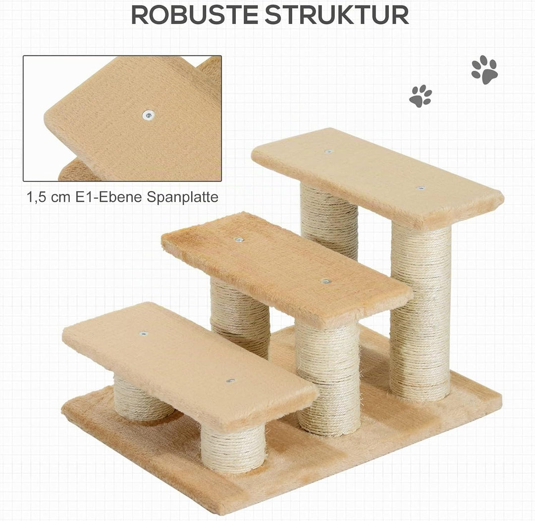 PawHut Tiertreppe Katzentreppe Hundetreppe 3 Stufen Treppe für Katze und Hunde Plüsch Creme 45 x 35