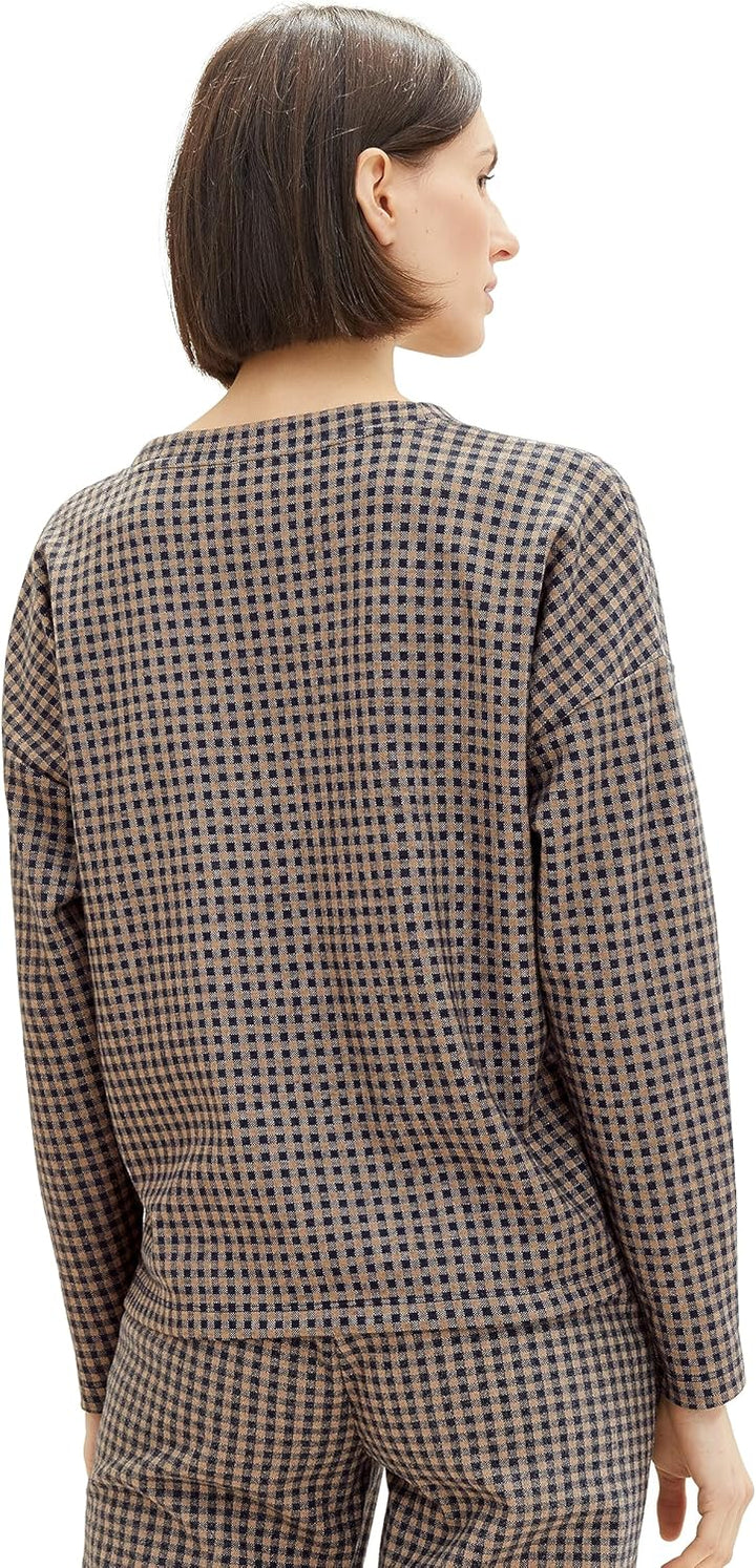 TOM TAILOR Damen Sweatshirt mit Knopfdetail & Karomuster XXS 32409-navy Blush Check Ck, XXS 32409-na