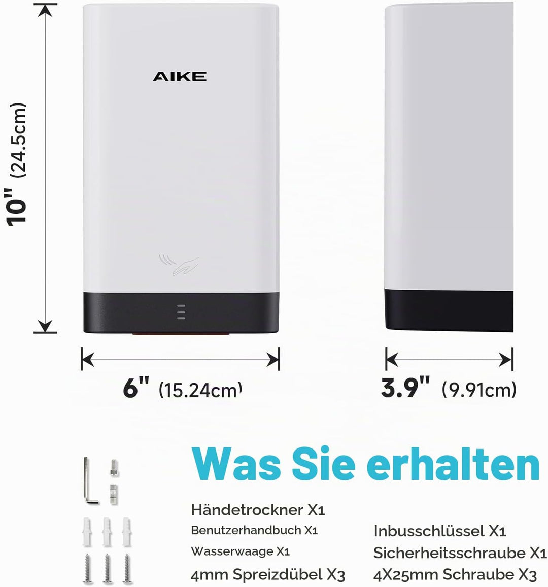 AIKE AK2822 ABS Händetrockner, Energiesparender elektrischer Hochgeschwindigkeits-Händetrockner, Aut