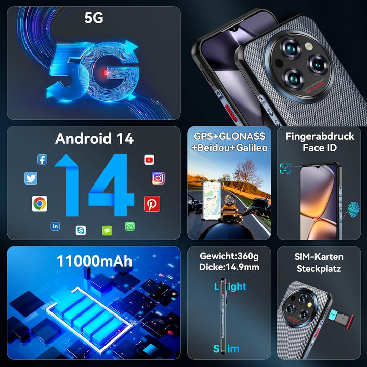 OUKITEL WP35 Outdoor Handy 5G - 11000mAh Outdoor Smartphone Ohne Vertrag Android 14, 24GB RAM + 256G
