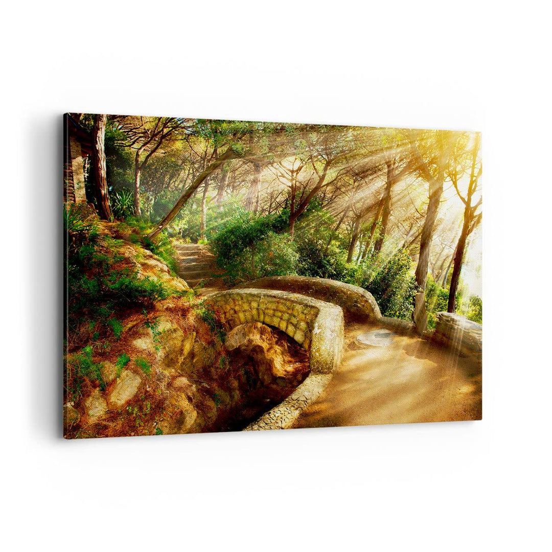Bilder auf Leinwand 100x70cm Leinwandbild Pfad Steinbrücke Wald Herbst Gross Wanddeko Bild Schlafzim